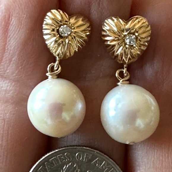 Hand Crafted Jewelry - 14K SOLID Yellow Gold Cultured Pearl and Diamond Earrings